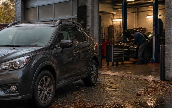 Vehicle receiving service inside a professional automotive repair shop
